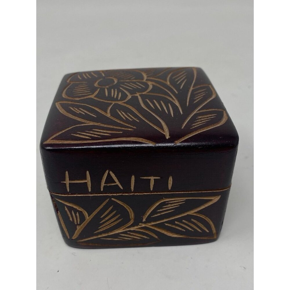 Vintage Haiti Hand Carved Wooden Souvenir Jewelry Trinket Box Haïtien 3x3”
